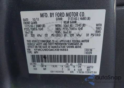 2012 Ford Escape Xlt z USA, uszkodzony, nr VIN 1FMCU9DG4CKB16593